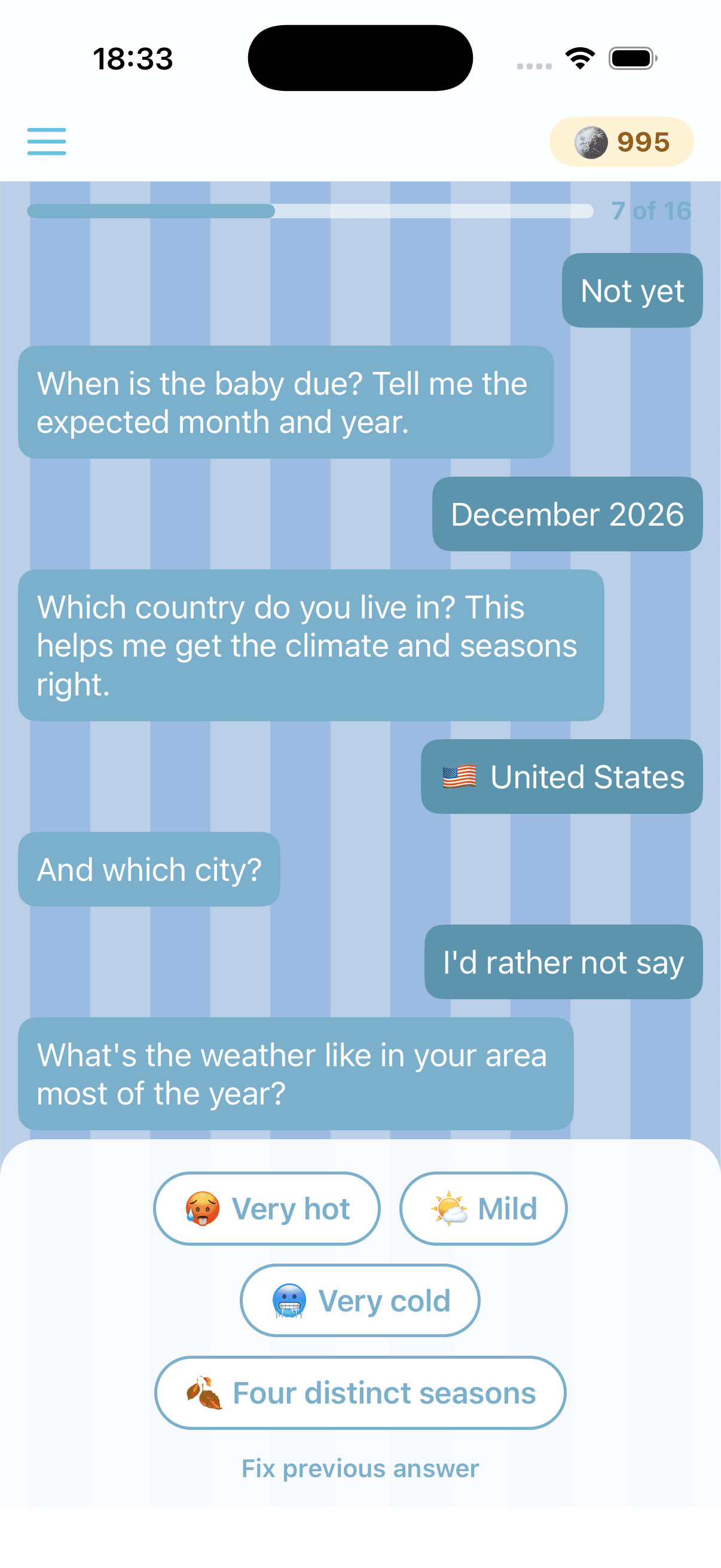 Baby Kit chat asking guided questions with quick-reply options