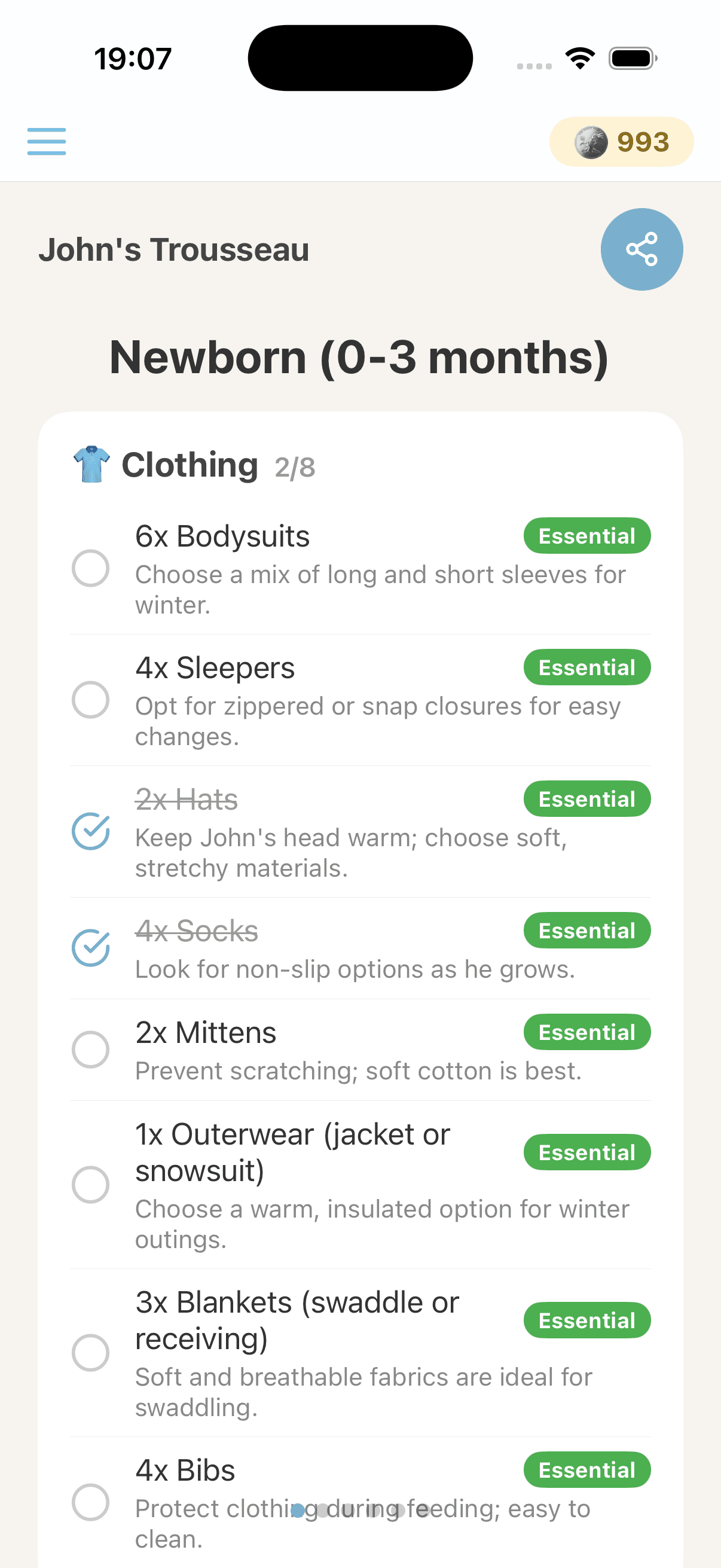 Newborn clothing checklist with essential tags