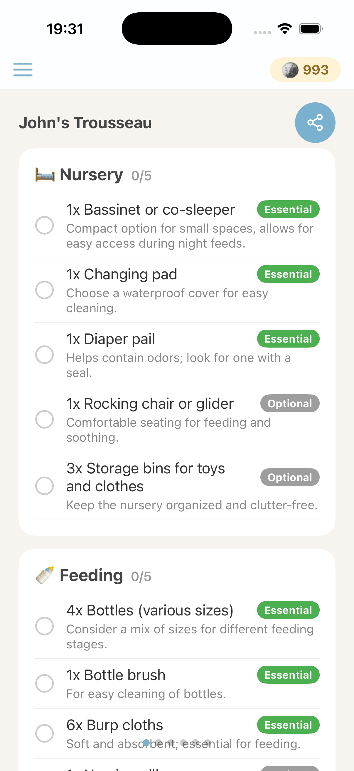 Personalized checklist with nursery and feeding categories