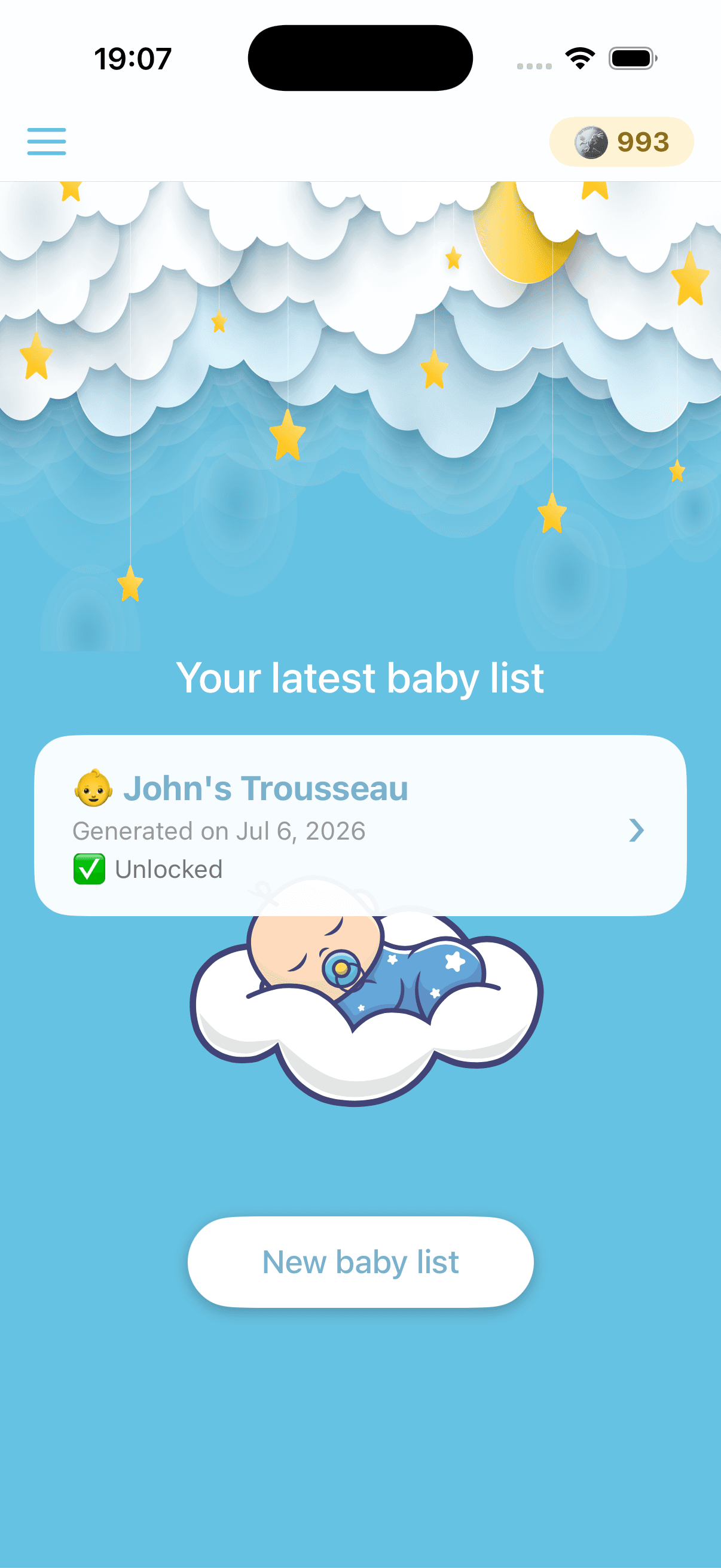 Baby Kit home screen showing your latest baby list