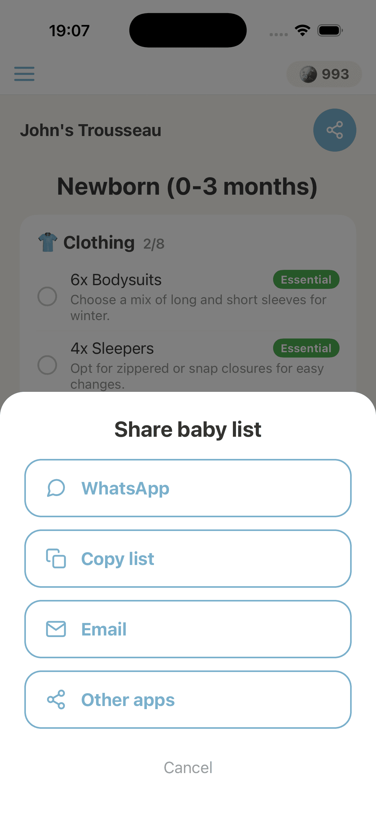 Share your baby list via WhatsApp, copy, or email